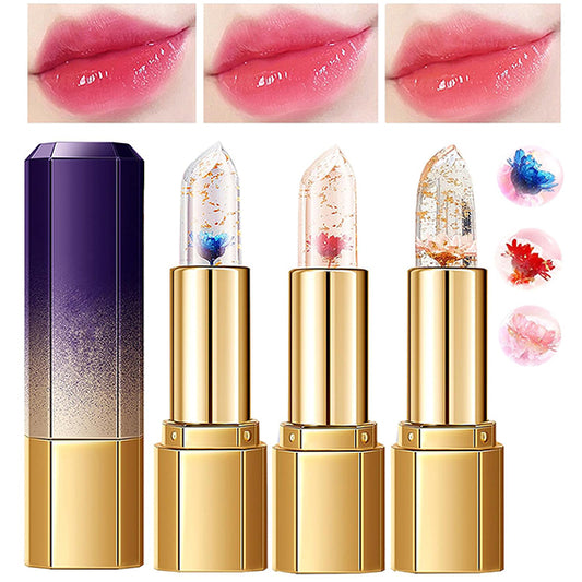 3Pcs Crystal Jelly Flower Color Changing Lipstick Set
