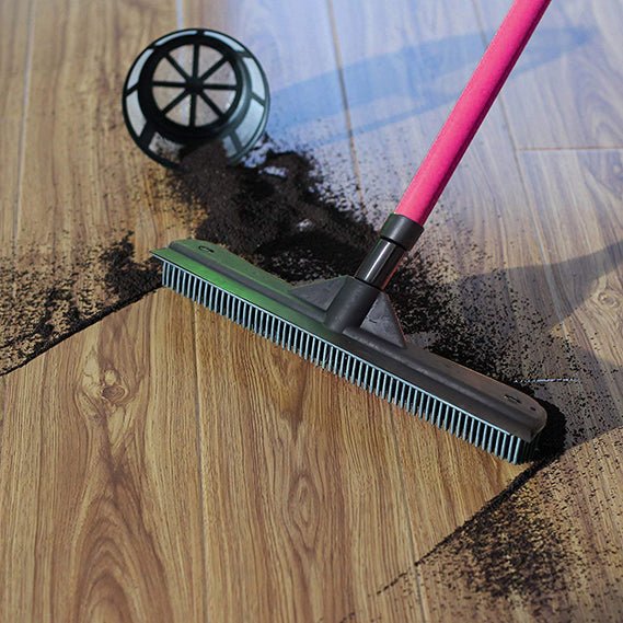 Rubber Broom with Squeegee and Adjustable Long Handle, Pet Hair and Fur Remover, Carpet Rake and Floor Brush for Hardwood, Tile and Window